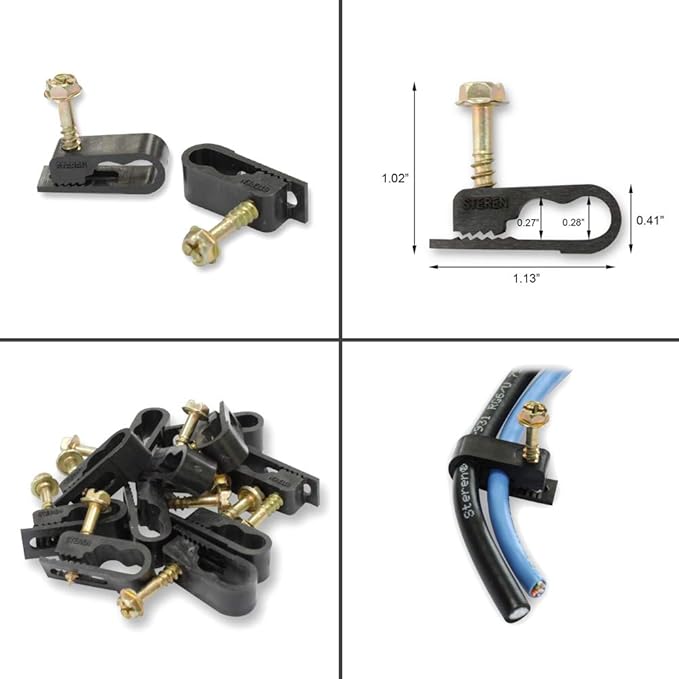 STEREN Coaxial Cable Clips - Cable Holder - Siding Clips for Hanging - Cord Holder for Desk - Cable Clamps - Cord Clip - Wire Organizer Clips - Tv Mount Screws (Black, 100 Count - Dual Screw)