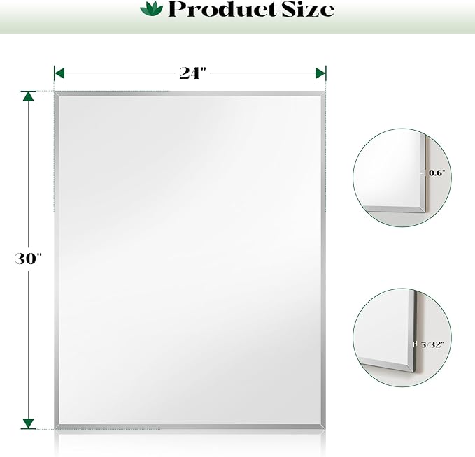 Beveled Bathroom Mirror, 24"x30" Frameless Mirror, Bathroom Vanity Wall Mirrors for Over Sink, Bedroom, Living Room Hangs Horizontally or Vertically