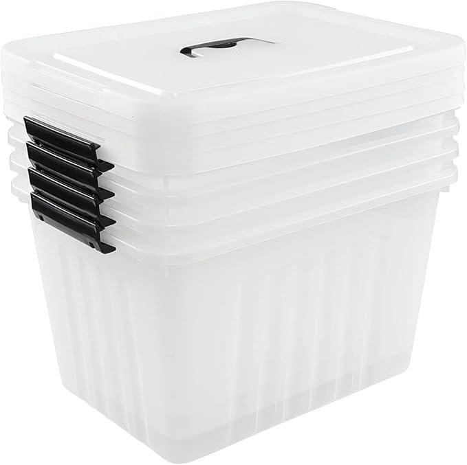 4-Pack 25 Quart Storage Boxes, Plastic Storage Latch Bin with Handle, Clear
