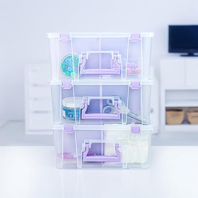 ArtBin Super Satchel Double Deep Compartment Box with Purple Accents in a 3 Pack - Art Storage with 8 Removable Compartments, Smart Closure for Craft Supplies (Purple - Pack of 3)