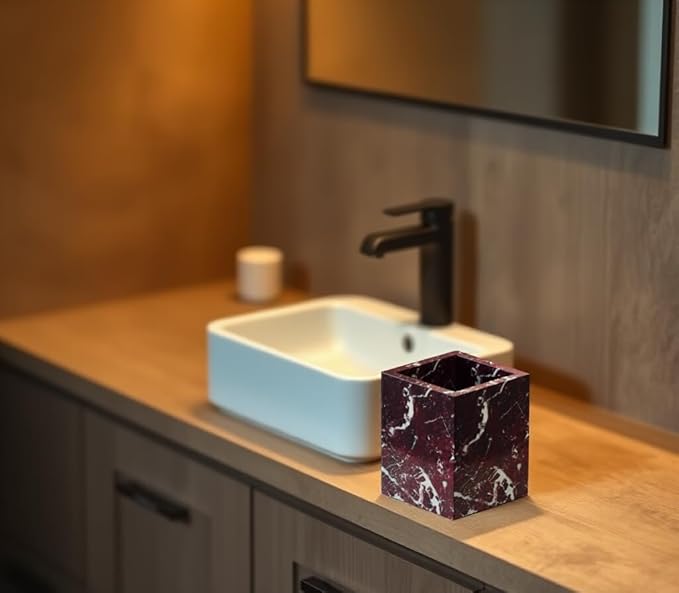 Marble Toothbrush Holder – 4.1" Genuine Stone Bathroom Cup for Makeup Brushes, Pens & Utensils | Natural Marble Organizer for Vanity, Countertop & Home Décor (Rosso Lepanto Red)
