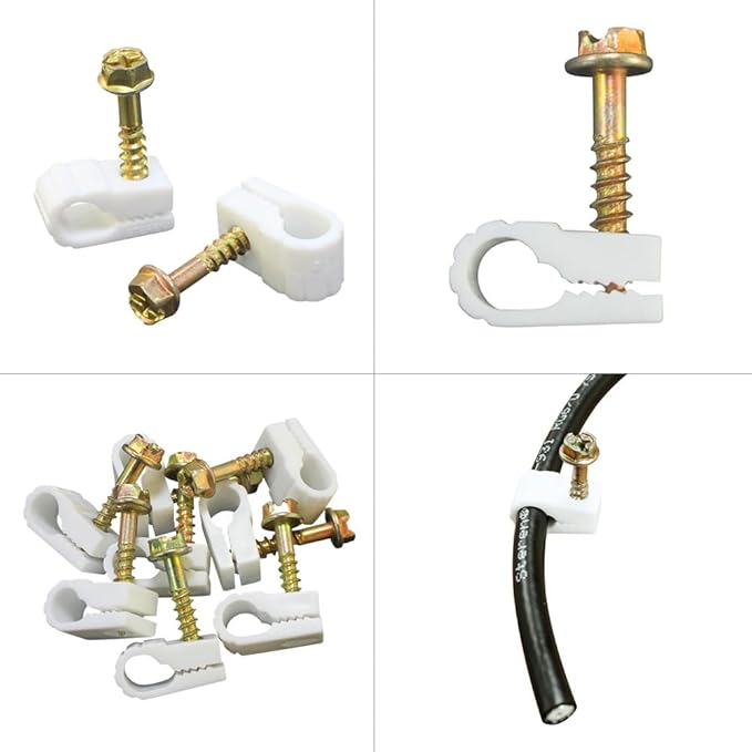 STEREN Coaxial Cable Clips - Cable Holder - Wire Clips - Siding Clips for Hanging - Cord Holder for Desk - Cable Clamps (White, 100 Count - Single Screw)