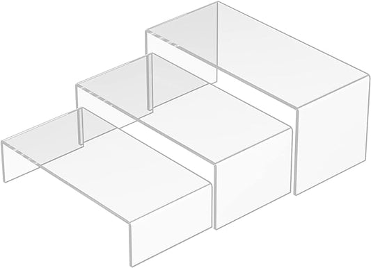 Clear Riser Shelf 3pcs, Desktop Rectangular Acrylic Display Shelves Organizer, Acrylic Stands for Funko Pop Figure, Perfumes, Bags, Shoes, Glasses, Plants, Toys, Collectibles - 8''x8.5''x9''