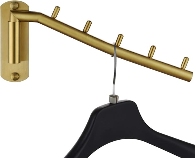 JQK Folding Clothes Hanger Rack, Stainless Steel Swing Arm Hook Holder, Clothing Hanging System Drying Closet Storage Organizer Brushed Gold Wall Mount, SHR100-BG