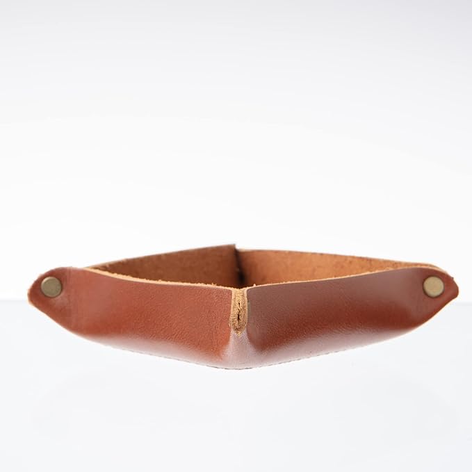 USA Handmade Premium Leather Valet Tray, Folds Flat! Dice Rolling Basket and Organizer with Brass Rivets (Chestnut, Mini)