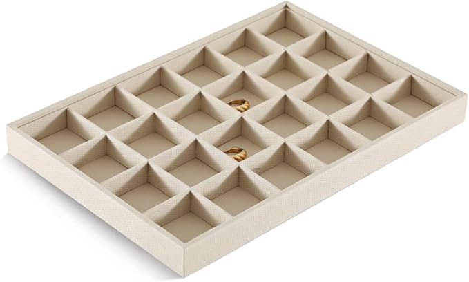 Linen 24 Grid Stackable Rings Earrings Display Tray, Brooch Ear Stud Cufflinks StorageTray, Jeweler Shop Counter Showcase Table Top Organizers, Makeup Table Drawer Insert Jewelry Tray
