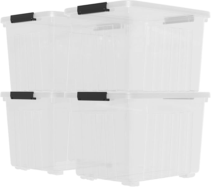 70 Quart Large Plastic Storage Box, Clear Latching Bin with Lid and Wheels, 4 Packs