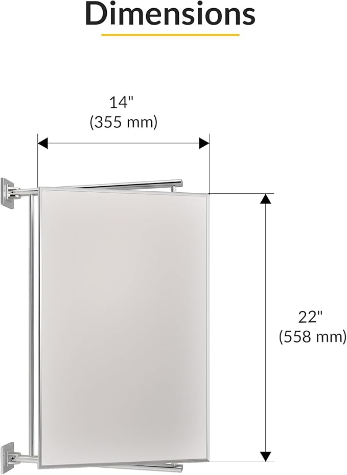 BRIXWELL Pivot-N-Vue Double Hinged Rectangular Mirror, Tubular Steel with Silver Brazed Joints, Polished Chrome Finish, 14" Width x 22" Height, 10" Extendable Arms, Adjustable Wall Mount Mirror