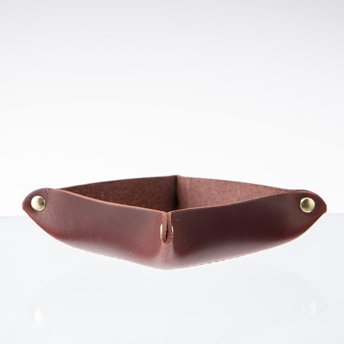 USA Handmade Premium Leather Valet Tray, Jewelry Organizer, With Brass Rivets (Burgundy, Mini)