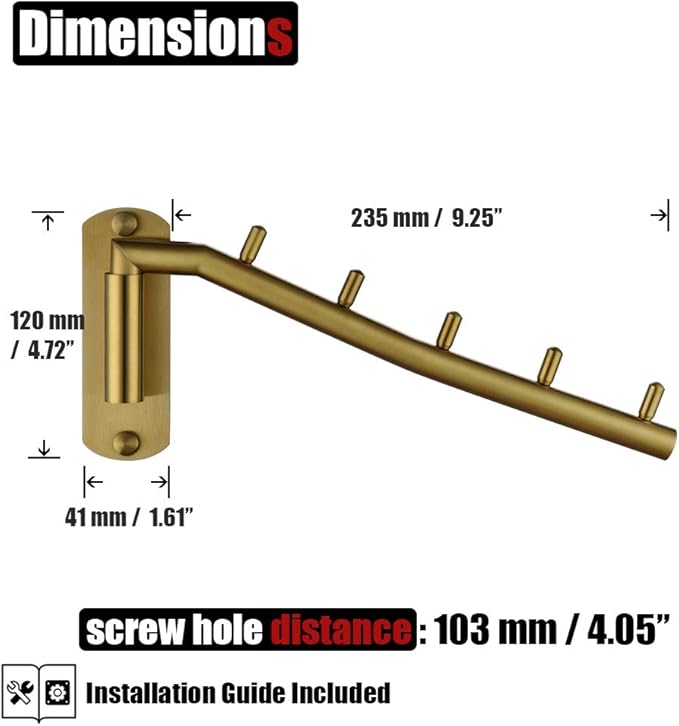 JQK Folding Clothes Hanger Rack, Stainless Steel Swing Arm Hook Holder, Clothing Hanging System Drying Closet Storage Organizer Brushed Gold Wall Mount, SHR100-BG