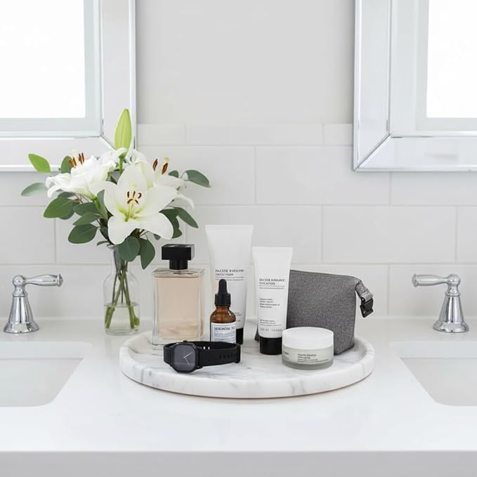Marmor Natural Marble Bathroom Tray for Perfume & Jewelry, Vanity Decorative Catchall Tray for Countertop, Stone Organizer Dish for Candles, Makeup, Essentials(Statuario White Round Plate)
