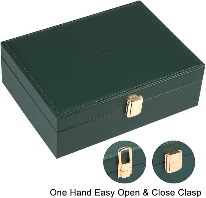 Voova Jewelry Box Organizer for Women Girls, 2 Layer Large Men Jewelry Storage Case, PU Leather Display Jewellery Holder with Removable Tray for Necklace Earrings Rings Bracelets, Blackish Green