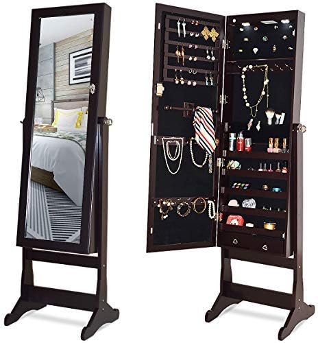 GOFLAME Jewelry Cabinet Mirror with LED Lights Two Drawers Lockable Standing Jewelry Armoire Organizer Large Capacity Jewelry Holder Organizer Storage (Brown)