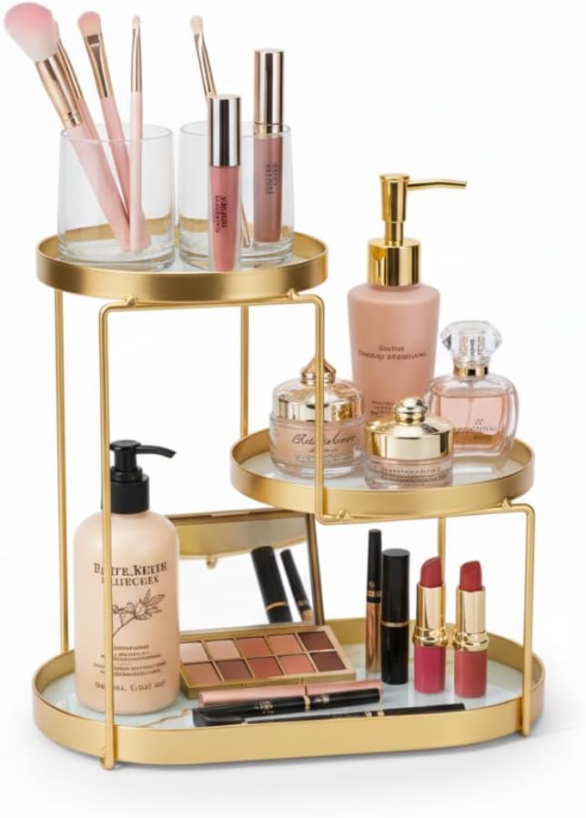 Makeup Organizer Countertop, 3 Tiers Skincare Organizer with Gold Finish, Durable Metal Storage for Bathroom or Bedroom Vanity, Tall Spacious Design for Large Bottles