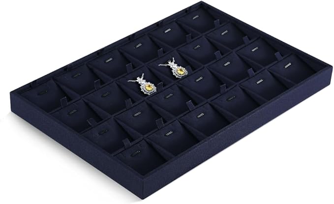 Linen Stackable Necklace Storage Tray, 24 Grid Pendant Display Tray, Jewellery Shop Counter Showcase Table Top Organizers, Makeup Table Drawer Insert Jewelry Tray