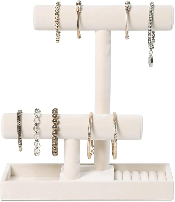 ByKen Multi-Functional 2 Tier Jewelry Holder,Necklace Bracelet Holder with Earrings Rings Tray,Jewelry Organizer Stand for Scrunchie Watches(Beige Velvet)
