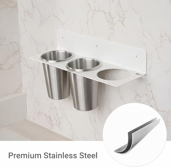 Hair Tool Organizer Wall Mount, Stainless Steel Hair Tool Holder with 2 Heat-Resistant Cups, Curling Iron Holder for Vanity, Hot Tools Organizer with PVC Ring,Hair Dryer Holder for Bathroom