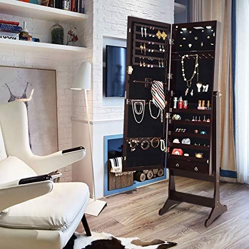 GOFLAME Jewelry Cabinet Mirror with LED Lights Two Drawers Lockable Standing Jewelry Armoire Organizer Large Capacity Jewelry Holder Organizer Storage (Brown)