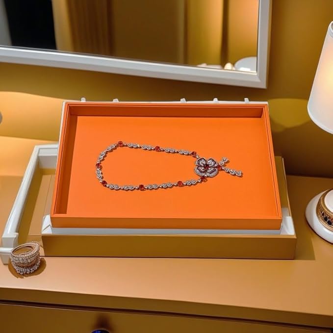 Orange Leather Jewelry Tray Stackable Jewelry Drawer Organizer Trays Necklace Bracelet Holder Watches Storage (Orange)