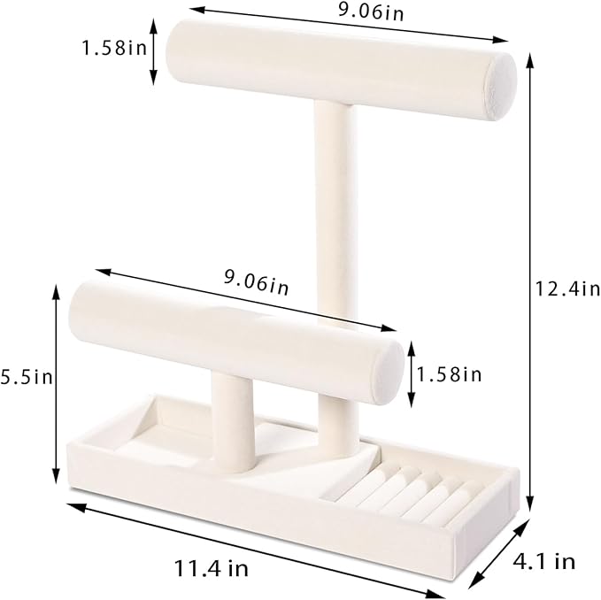 ByKen Multi-Functional 2 Tier Jewelry Holder,Necklace Bracelet Holder with Earrings Rings Tray,Jewelry Organizer Stand for Scrunchie Watches(Beige Velvet)