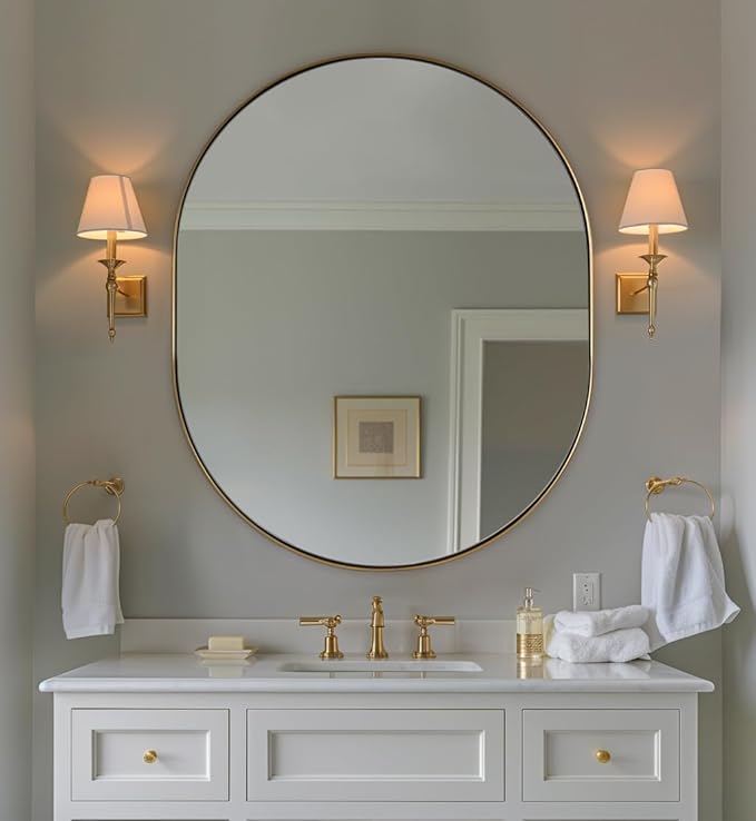 ANDY STAR 30x36'' Gold Oval Mirror, Brass Oval Mirror Pill-Shaped Design in Stainless Steel Metal Frame for Bathroom, Entryway, Living Room, Contemporary 1" Deep Wall Mount Vertical or Horizontal