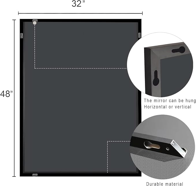 Rectangle Bathroom Mirror 30x36 inch, Large Mirror with Black Frame, Rectangular Vanity Mirror 30" X 36", Modern Matte Wall Mounting Mirrors, Hang Horizontal or Vertical