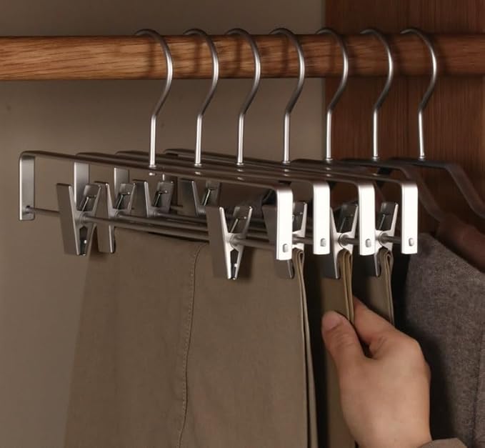 Premium Matte Silvery Aluminum Pants Clip Hanger 10 Pack, 12” Extra Smooth & Durable Metal Shirt Dress Aluminum Alloy Hanger,Clothing Support,Clothing Hang