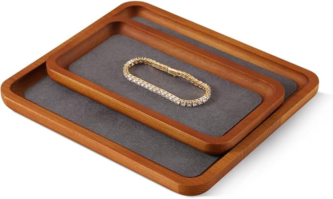 Wooden Jewelry Display Tray Rounded Rectangle Ring Showcase Stackable Elegant Bracelet Watch Jewelry Organizer for Personal Use and Commerce (Gray, Medium-W 3.9'' x H 0.6'' x L 7'')