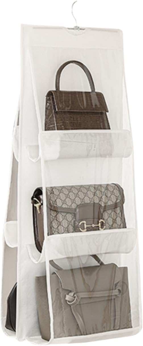 HAN SHENG 6 Pockets Clear Handbag & Purse Organizer Hanging Bag Storage - Space Saving Hanging Shelf for Closet, Wardrobe, Over Door (1 Pack, White)