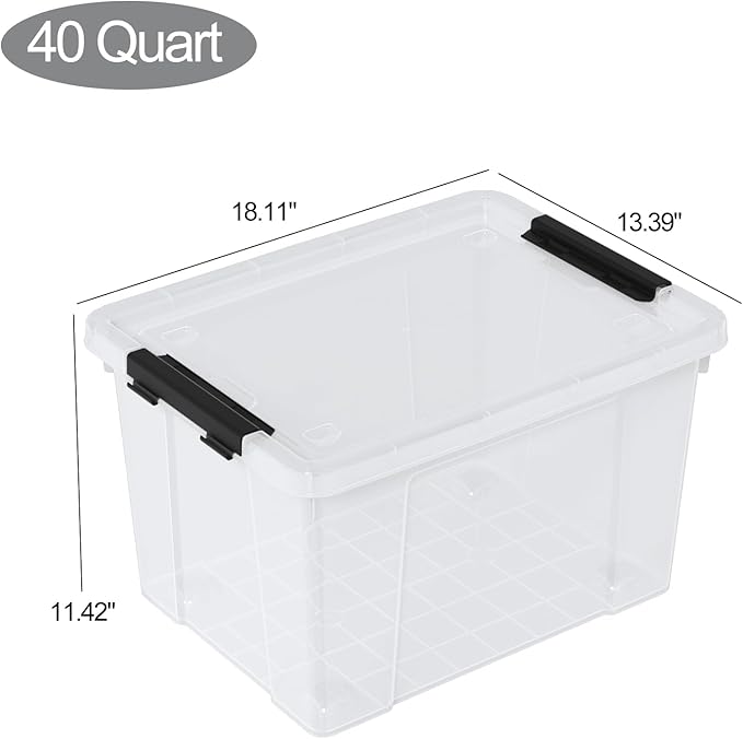 40 Quart Clear Plastic Storage Box with Lid and Wheels, Large Storage Bin, 4 Packs