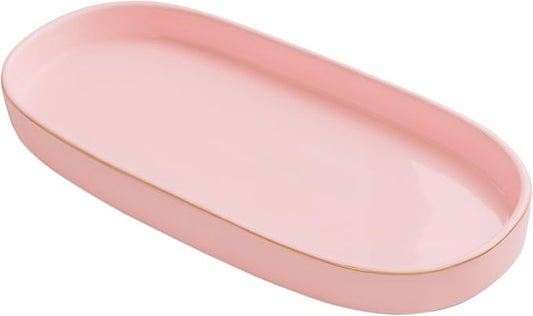10x5 Bathroom Vanity Tray, Oval Ceramic Decorative Perfume Candle Tray for Bathroom/Kitchen Counter, Pink