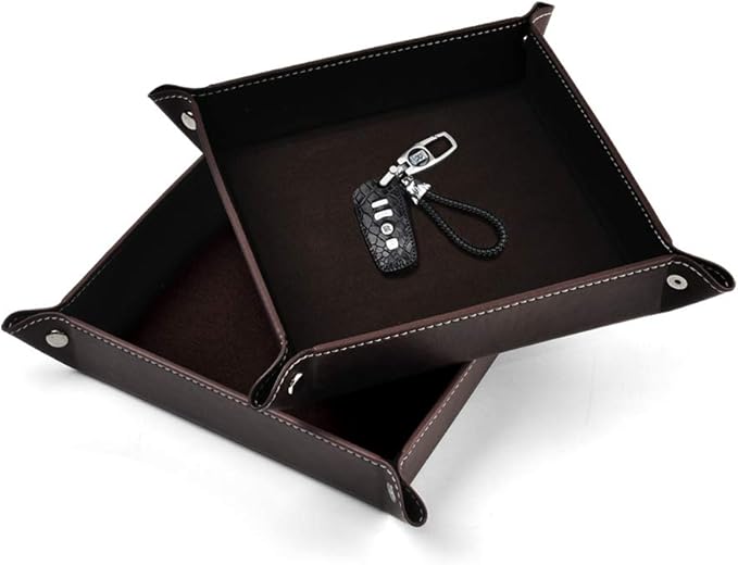 Oirlv Premium Leather Valet Tray for Men Jewelry Organizer, Desktop Storage,Key Wallets Cell Phones Catchall Tray Nightstand or Dresser Organizer Plate (Coffee)