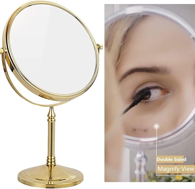 Gold Makeup Mirror 1X/10X Free Standing for Bathroom 8 Inches 360 Swivel Dual-Sided Tabletop Makeup Mirror, Metal