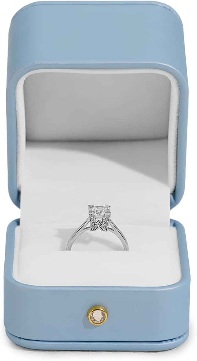Oirlv Elegant Sky Blue Ring Box Leather Engagement Ring Box Jewelry Gift Box for Wedding Proposal Velvet Interior Ring Case