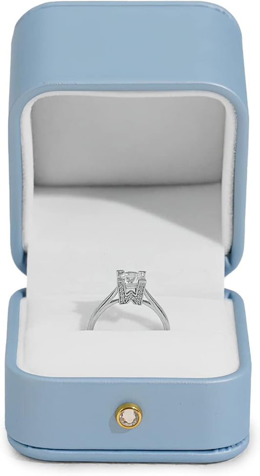 Oirlv Elegant Sky Blue Ring Box Leather Engagement Ring Box Jewelry Gift Box for Wedding Proposal Velvet Interior Ring Case