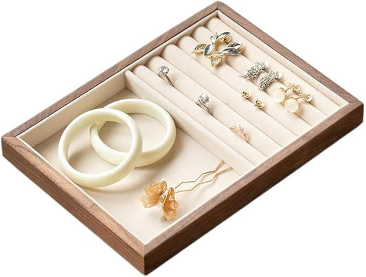 Black Walnut Wooden Jewelry Tray Organizer with Velvet Lining - Jewelry Storage & Display Tray for Rings, Earrings, Bracelets, Watches - Multi-Functional Drawer Organizer (1 Grid + 5 Line)