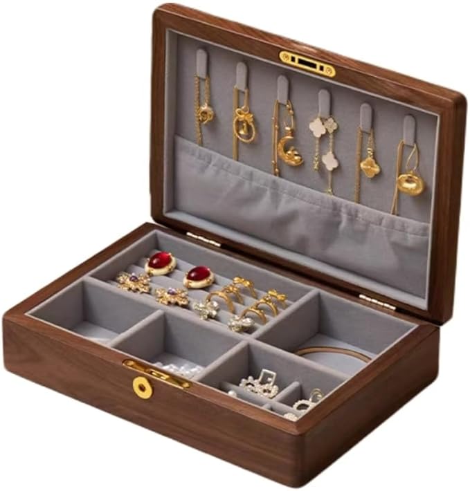 Bescott 1 Layer Solid Black Walnut Wooden Jewelry Box for Women with Lock and Key Wood Vintage Organizer for Men Earrings Rings Necklaces Bracelet Storage Mother's Day Gift