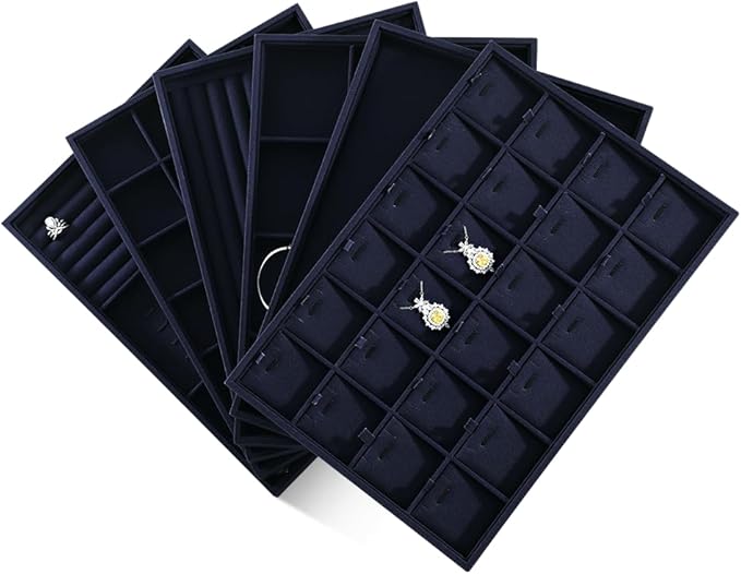 Linen 24 Grid Stackable Rings Earrings Display Tray, Brooch Ear Stud Cufflinks StorageTray, Jeweler Shop Counter Showcase Table Top Organizers, Makeup Table Drawer Insert Jewelry Tray