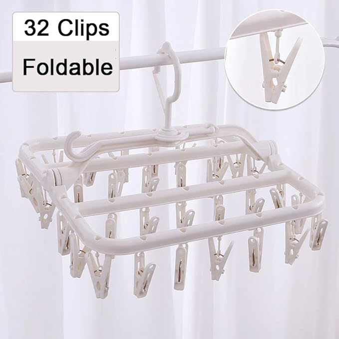 Foldable Clothes Drying Rack with 32 Drying Clips Wind-Proof Hook Underwear Hanger Plastic Laundry Clip for Socks Bras (White)