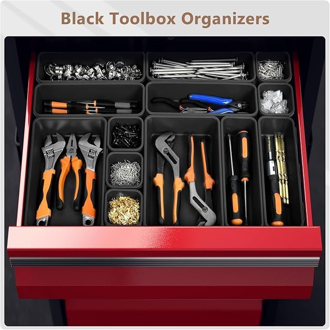 【Upgraded to 6 Size】A-LUGEI Tool Box Organizer,【Fits 100+ Tools】 Black Garage Organization and Storage Tray Divider Set, Desk Drawer Organizer, Toolbox for Tool Chest Cart WorkBench Small Parts Widget