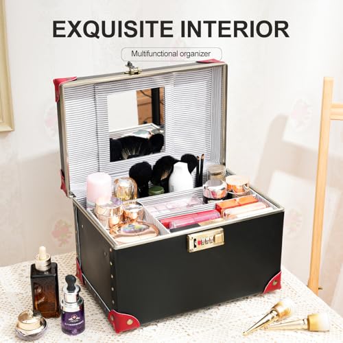 urecity Vintage Makeup Train Case, Black Artificial Leather with Red Trim, Professional Cosmetic Organizer with Metal Combination Lock, Multi-Layer Storage Box