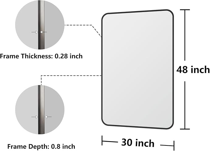 Koonmi Bathroom Mirror, 30X48 Brushed Black Metal Framed Wall-Mounted Mirror for Over Sink, HD Tempered Glass, Anti-Rust, Rounded Rectangle Mirror for Restroom, Bedroom, Hangs Horizontal or Vertical