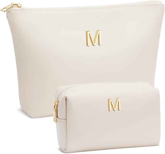 Valentine's Day Gifts for Women Girlfriend Initial Makeup Bag for Teen Girls Personalized Gifts for Friend Teacher Mom Wife Cosmetic Travel Toiletry Bag(Beige,M)