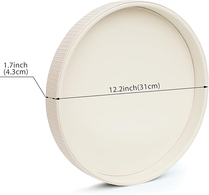 HofferRuffer Round Decorative Tray, Faux Leather Vanity Tray Decor, Decorative Catchall for Perfume, Bathroom Valet, Nightstand or Dresser (Creamwhite Stripe, Round-12" x 12" x 1.6")
