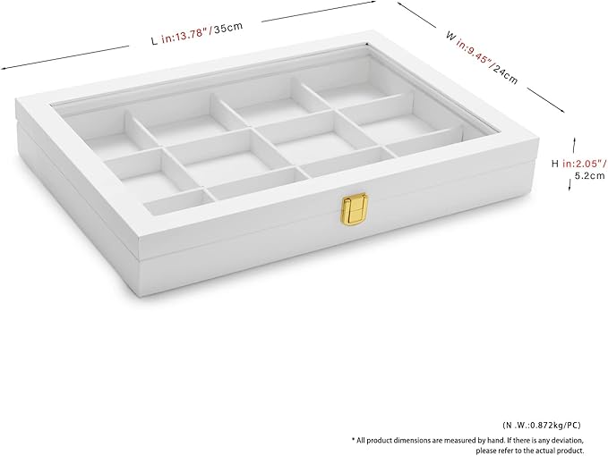 Oirlv White 12 Gird Jewelry Organizer Tray with Acrylic Lid Premium Leather Jewelry Box with Transparent Lid Bracelet Bangle Watch Display Case