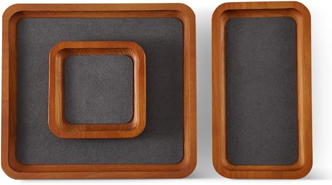 Wooden Jewelry Display Tray Rounded Rectangle Ring Showcase Stackable Elegant Bracelet Watch Jewelry Organizer for Personal Use and Commerce (Gray, Large-W 7'' x H 0.6'' x L 7.9'')