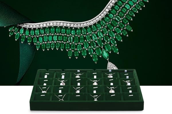 24 Grids Velvet Necklace Tray Necklace Holder Storage Jewelry Display Tray for Drawers With Removable Jewellery Cards for Bracelet Chain Pendant (Green)