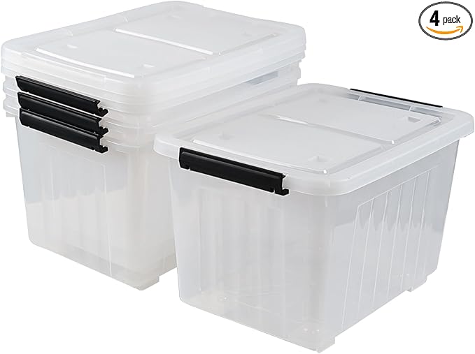 30 L Clear Plastic Storage Bin with Wheels, Lidded Latching Box, 4 Pack