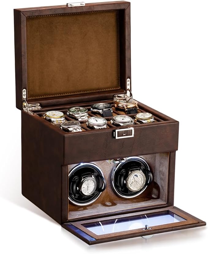 Automatic Watch Winder,Double Watch Winder and 8 Extra Storage Display Box with LED Light,Japanese Quiet Motor,Adjustable Watch Pillows,AC Adapter,Father’s Day Gift for Men