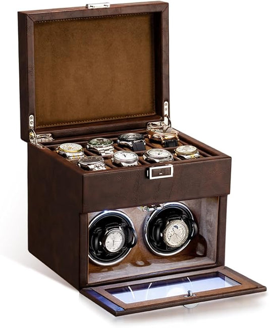 Automatic Watch Winder,Double Watch Winder and 8 Extra Storage Display Box with LED Light,Japanese Quiet Motor,Adjustable Watch Pillows,AC Adapter,Father’s Day Gift for Men